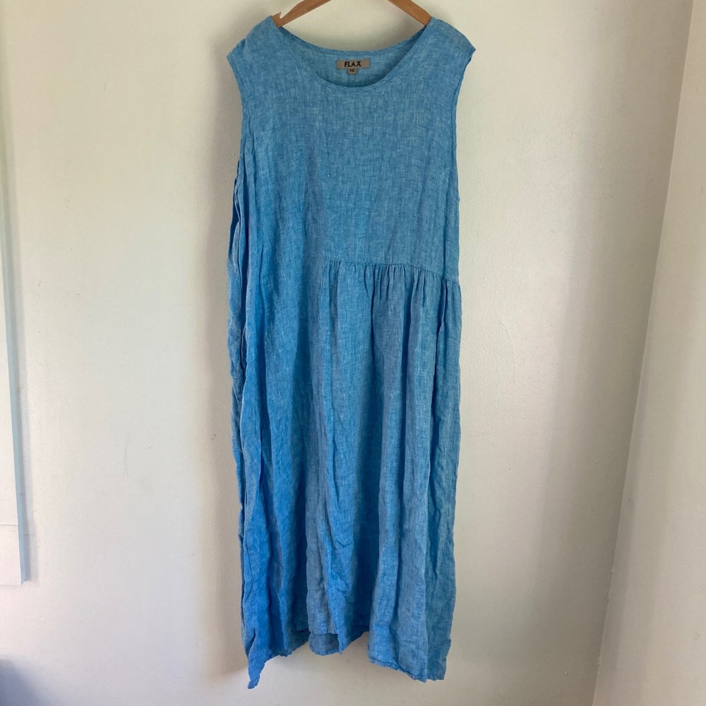 FLAX 100% Linen Sleeveless Maxi  Dress Blue Chambray size 1G Plus Lagenlook